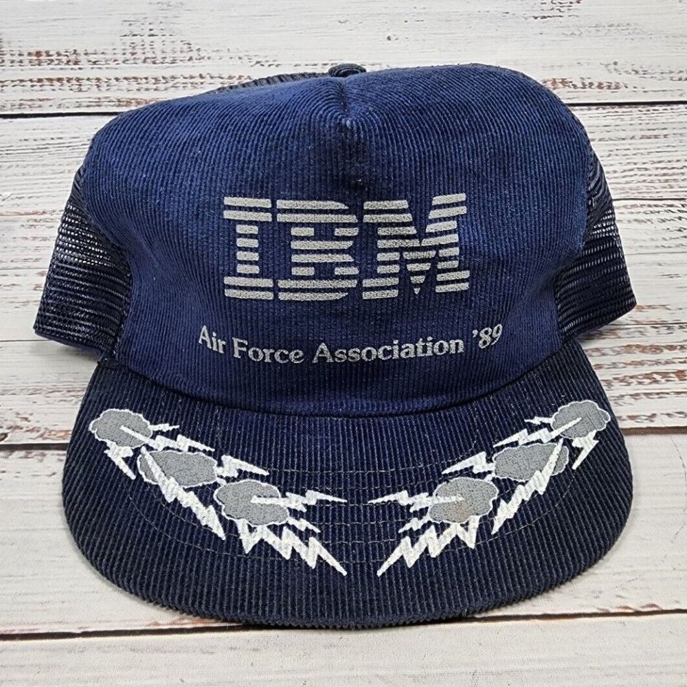 IBM Vintage Corduroy Blue Trucker Snapback Air Force Association Hat 1989 USA